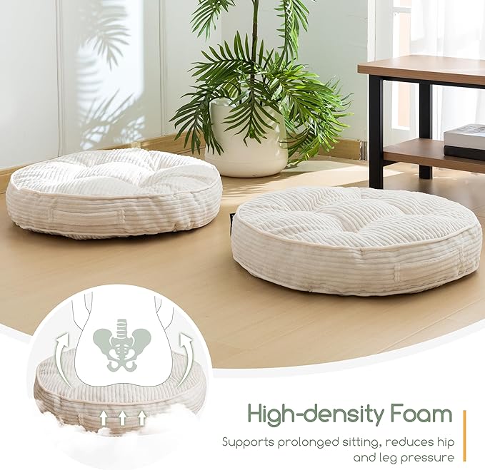 HIGOGOGO Floor Pillow Cushion for Adults, Meditation Cushion Pillow, Large Round Floor Sitting, Tufted Corduroy Cover, for Tatami Living Room or Yoga, 22x22 Inch, Beige