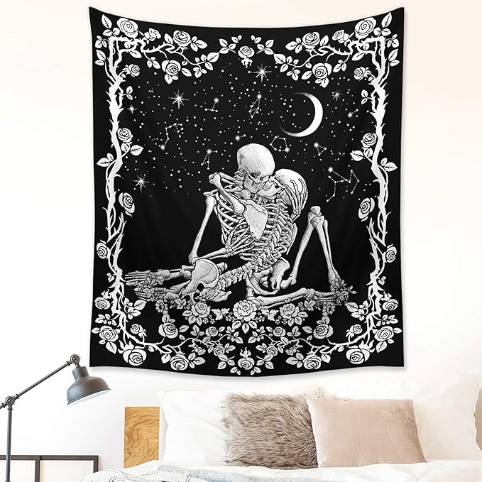 Wonrizon The Kissing Lovers Skull Tapestry,Black and White Romantic Constellation Skeleton Tapestries Wall Hanging decor for Living Room Bedroom (70.9" x 94.5")
