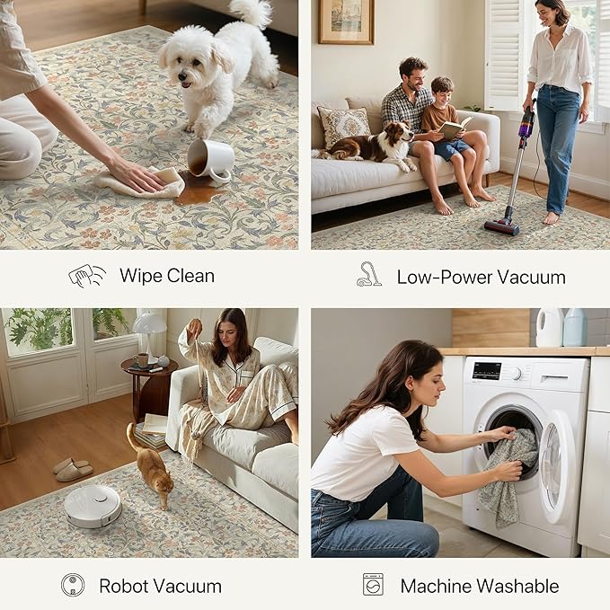 GENIMO 8x10 Washable Area Rug, Non-Slip Vintage Boho Floral Carpet, Soft Low-Pile Thin Living Room Rug for Bedroom, Dining Room, Nursery, Beige Blue