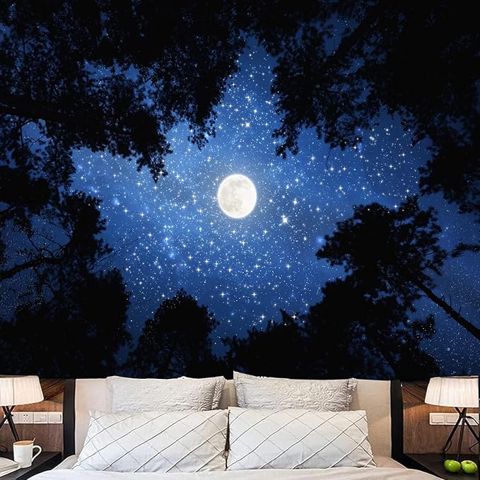 TUGCAY Forest Galaxy Starry Tapestry Blue Space Night Sky Stars Moon Ceiling Tapestry Nature Trees Tapestries Aesthetic Wall Hanging for Bedroom Dorm Living Room Office Decor 47x35 Inch