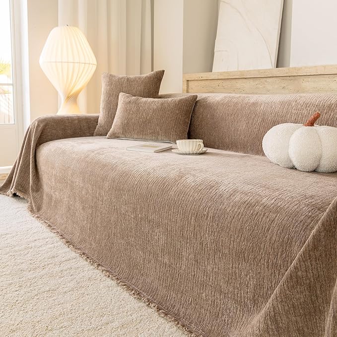 ROOMLIFE Sofa Cover, Boho Couch Cover for 3 Cushion Sofa, Non Slip Chenille Sofa Slipcovers for Dog, Washable Furniture Sofa Protector Cover with Tassel for Living Room, 71''X118”