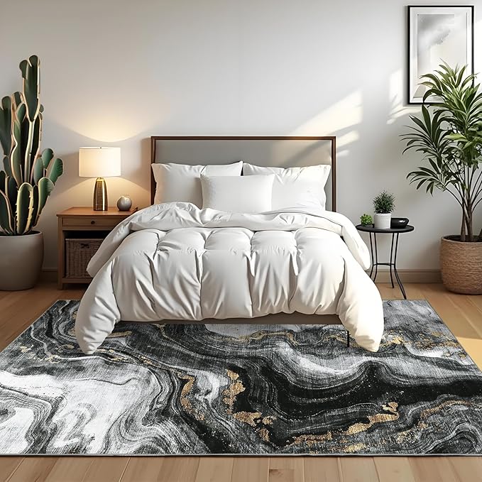 GarveeHome Modern Washable Rugs 6x9 Neutral Abstract Throw Rugs, Non-Slip Abstract Accent Carpet with Marble Swirl Pattern, Stain-Resistant Low Pile Indoor Carpet Rug for Living Room, Bedroom, Black