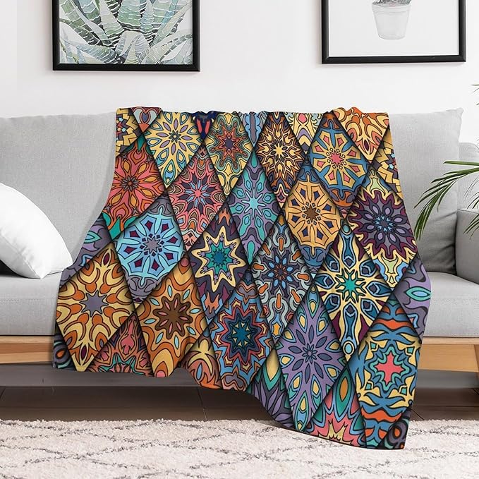 Vintage Bohemian Throw Blanket Colorful Mandala Indian Pattern Blanket for Sofa Bed Couch Chair Or Dorm 70"x80"