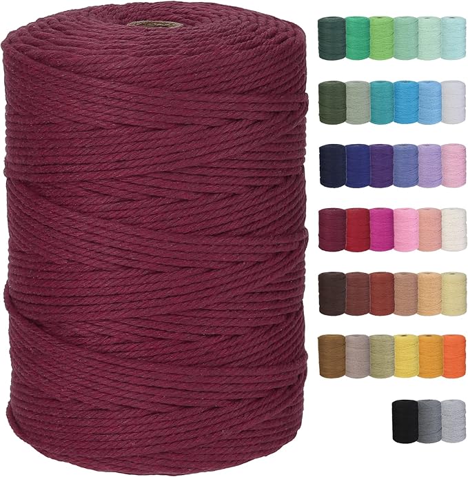 Cotton Macrame Cord 3mm 328yards Natural Colored Macrame Supplies, Soft Craft Cotton Rope for Plant Hanger Wall Hanger Dreamcatcher (Wine Red)