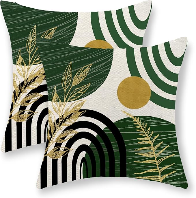 Boho Green Pillow Covers 18x18 Set of 2 Green Gold Leaf Tropical Decor Mid Century Throw Pillows Outdoor Bohemian Decorative Pillowcase Farmhouse Abstract Modern Cushion Case for Couch Sofa