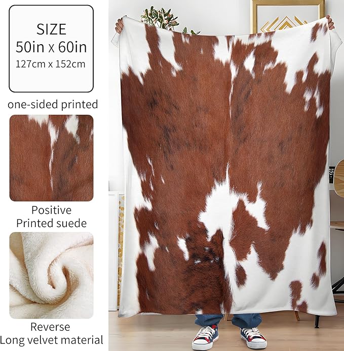 Throw Blanket for Couch, 300GSM Warm Soft Cozy Flannel Blanket, Cute Blanket for All Seasons Bedroom Home Decor Gifts, Brown White Cowhide 50x60 Inches