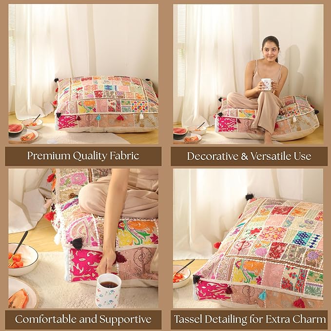 THE ART BOX Cotton Patchwork Vintage Boho Embroidered Floor Pillows & Cushion Cover Dog Pouf Seating Pouf Meditation Pillow Pet Bedding Cat Bed Boho Home Décor (35x35 Inches, Cover Only)