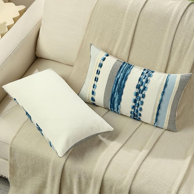 FUTEI Blue Decorative Throw Pillow Covers 12x20 Inch Set of 2, Soft Tufted Striped Textured Accent Pillow Case,Boho Pillows for Couch Decor