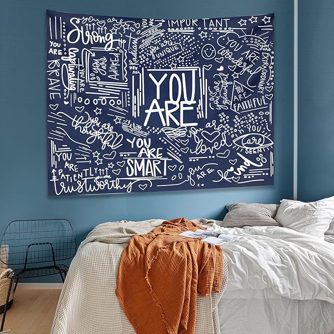 KJHL Quote You Are Wall Tapestry Blue Inspirational Classroom Kids Tapestries Wall Hanging Motivational Positive Affirmations Saying Aesthetic Tapestry for Bedroom Dorm