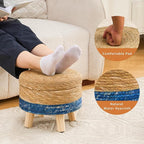 Cpintltr Storage Ottoman Poufs Handwoven Footstool Natural Seagrass Round Footrest Stool with 4 Wood Legs Soft Padded Outdoor Seat for Hallway Lounge Bedroom Garden