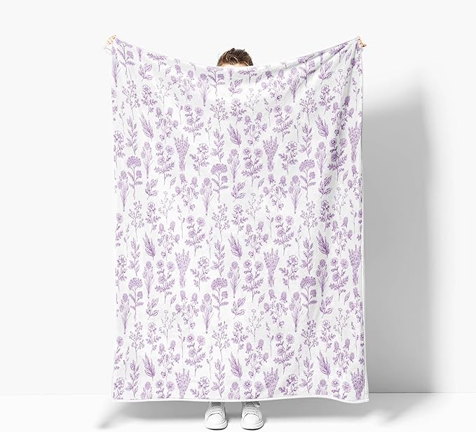Floral Fuzzy Blanket Purple Floral Throw Blanket, Botanical Flowers Blankets, Soft, Flannel, Warm, Boho Flowers Bed Blankets All Season for Couch Bedroom Living Room 50X70 Inch