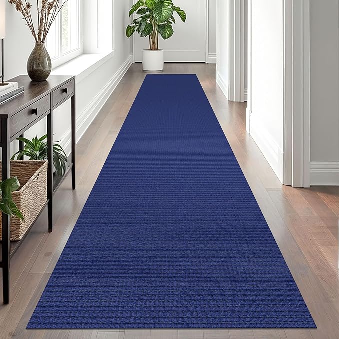 EARTHALL Woven Runner Rug 2.6x12 Ft Washable Runners for Hallways Extra Long Cotton Non Slip Rubber Backed Kitchen Runner Braided Indoor Floor Carpet for Entryway, Hall, Kitchen, Royal Blue/Navy