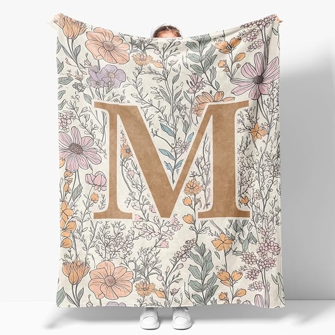JXREQ Throw Blanket Initial Letter M Personalized Monogrammed Gifts for Women Teen Girls Frends, Boho Floral Throw Blankets for Bed Sofa Living Room Office, 50x60 Inch