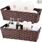 Plastic Wicker Storage Baskets - Toilet Tank & Bathroom Baskets, Woven for Organizing, Brown, 15¾" x 6¾" x 4¾", 2-Pack