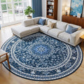 Lessymo Washable 8FT Round Area Rugs for Living Room, Non Slip Circle Rugs Low Pile Vintage Carpet for Bedroom, Dining Room, Nursery, Home Office, Blue White