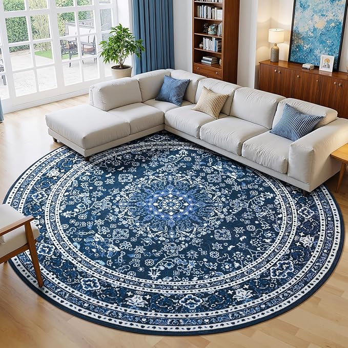 Lessymo Washable 8FT Round Area Rugs for Living Room, Non Slip Circle Rugs Low Pile Vintage Carpet for Bedroom, Dining Room, Nursery, Home Office, Blue White