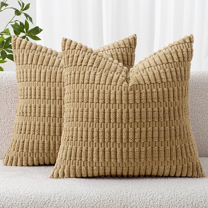 MIULEE Pack of 2 Corduroy Decorative Throw Pillow Covers 18x18 Inch Soft Boho Striped Pillow Covers Modern Farmhouse Home Decor for Sofa Living Room Couch Bed Khaki