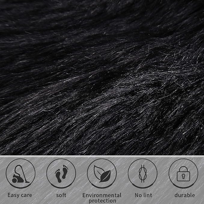 Softlife Black Faux Fur Sheepskin Chair Cover Seats Cushion Pad Super Soft Area Rugs for Living Bedroom Sofa Dorm (1.6ft x 1.6ft)