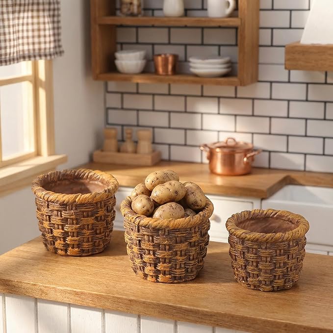 TOYANDONA 6Pcs Miniature Resin Rattan Baskets for Dollhouse Decoration Storage Holders Realistic Simulation Baskets Mini House Accessories