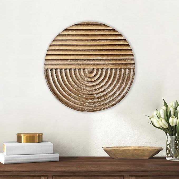 Musanpou Hand-carved Wood Wall Decor featuring Artistic Round Design for Farmhouse and Country-style Interiors | Wall Art Decoration | 11.8 inches x 11.8 inches (Natural)