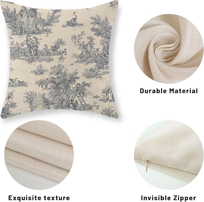 Blue Toile Pillow Covers 18x18 Inch Set of 2 Vintage French Country Throw Pillows Outdoor French Country Decorative Pillow Cases Rustic Linen Decor Farmhouse Cushion Case for Couch Bedroom