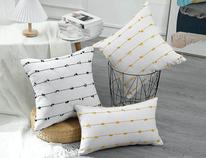Set of 2 Boho Throw Pillow Covers 16x16,Beige Yellow Neutral Couch Pillow Case with Tassel Fringe Decorative，Modern Accent Farmhouse Cushion Covers for Sofa Couch Bed Living Room