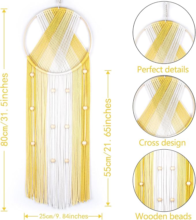 LB Boho Yellow Macrame Wall Hanging Handmade Woven Cotton Tapestry with Wood Board Modern Yellow and Beige Aesthetic Wall Decor for Home, Bedroom, Living Room