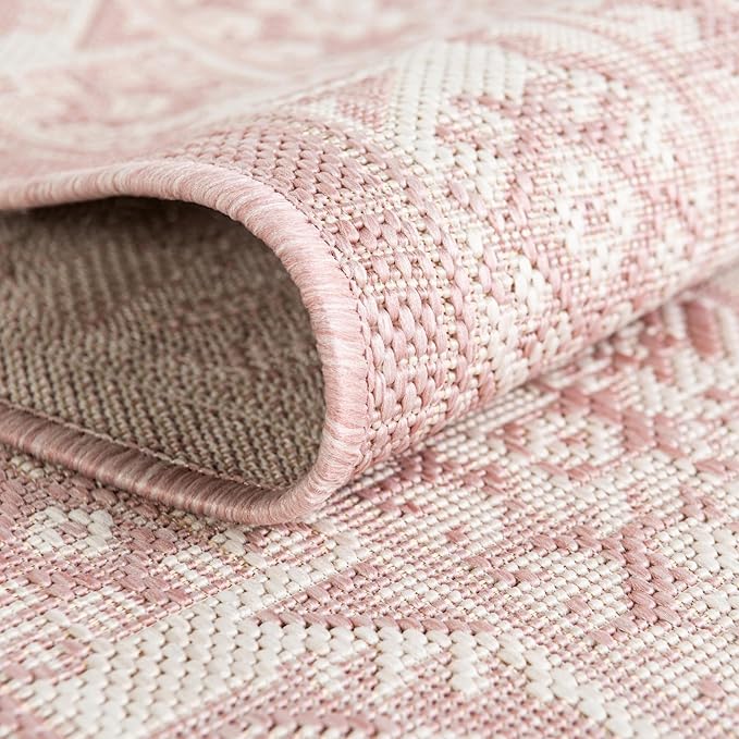 Rugs.com Outdoor Aztec Collection Rug – 13 Ft Round Pink Flatweave-Pile Rug Perfect for Kitchens, Dining Rooms