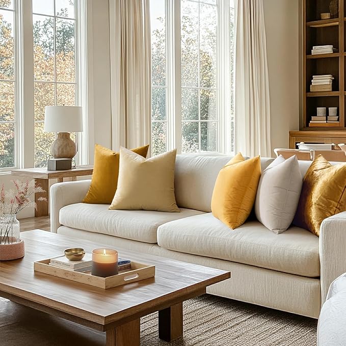 MIULEE 24x24 Inch Euro Sham Velvet Pillow Covers, Set of 2 Large Square Spring Decorative Pillows -Mustard Yellow Super Soft for King Bed, Sofa, Couch, Accent Chairs with Hidden Zipper