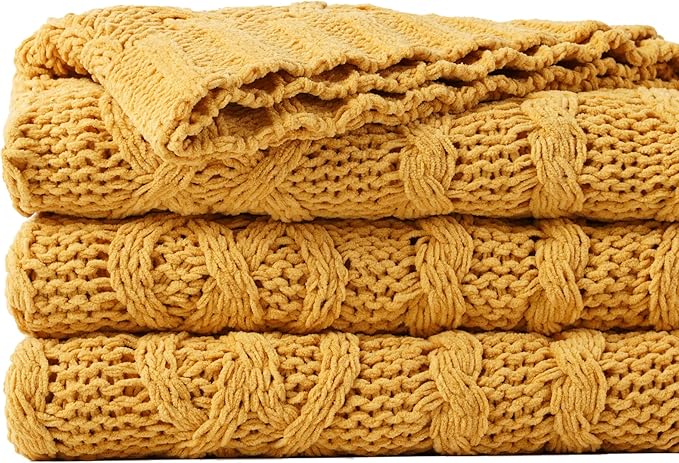 Battilo Mustard Yellow Throw Blanket 51"x67" Chenille Knitted Throw Blanket for Couch, Gold Throw Blankets for Home Decor, Summer Fall Decor Blanket