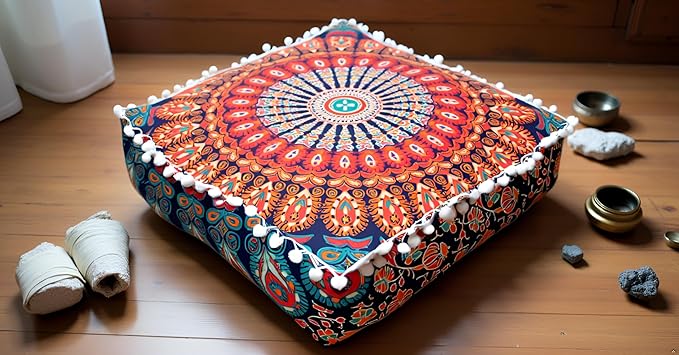 CRAFT KALA Large Hippie Mandala Meditation Floor Ottoman Pillow Cushion Pouf Cover Square Poufs Bohemian Circle Floor Cushion Case Outdoor Fireplace Yoga Living Room Decor Cover Orange, 24" Square