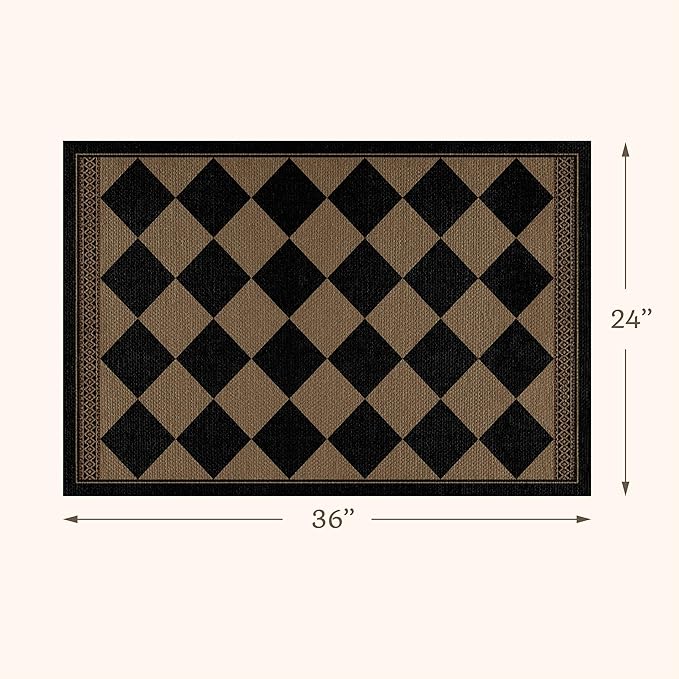Checkered Easy Jute 2x3 Kitchen Porch Entryway Rug, Farmhouse Non Slip Front Door Mat Indoor Outdoor Decor, Diamond Washable Small Outdoor Rug, Brown Black Stain Resistant Boho Carpet for Bathroom