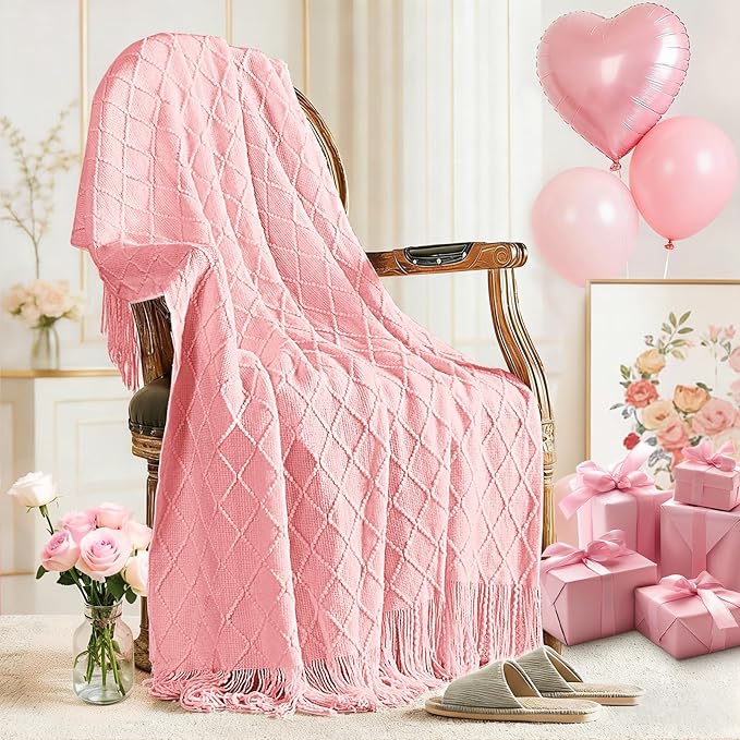 inhand Pink Knitted Throw Blanket for Couch Bed,Mothers Day/Mom Birthday Gifts for Mom from Daughter Son,Romantic Decor for Her Him Girlfriend Wife, Farmhouse Warm Woven for Women,60"x80"