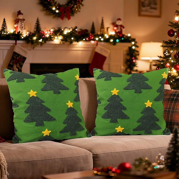 Green Christmas Tree Embroidery Decorative Throw Pillow Covers 18 x 18 Set of 2, Xmas Pine Trees Tufted Porch Outdoor Home Decor, Winter Holiday Plush Faux Fur Jacquard Sofa Couch Cushion Case