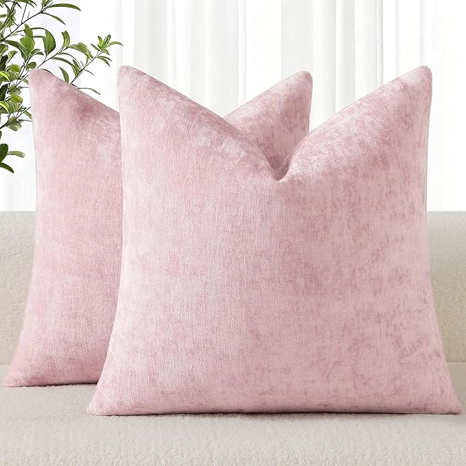 decorUhome Chenille Blush Pink Valentine’s Day Spring Euro Sham Throw Pillow Covers 24x24 Inch Set of 2, Decorative Soft Couch Pillow Covers Solid Accent Farmhouse Neutral Square Pillow Cases for Sofa