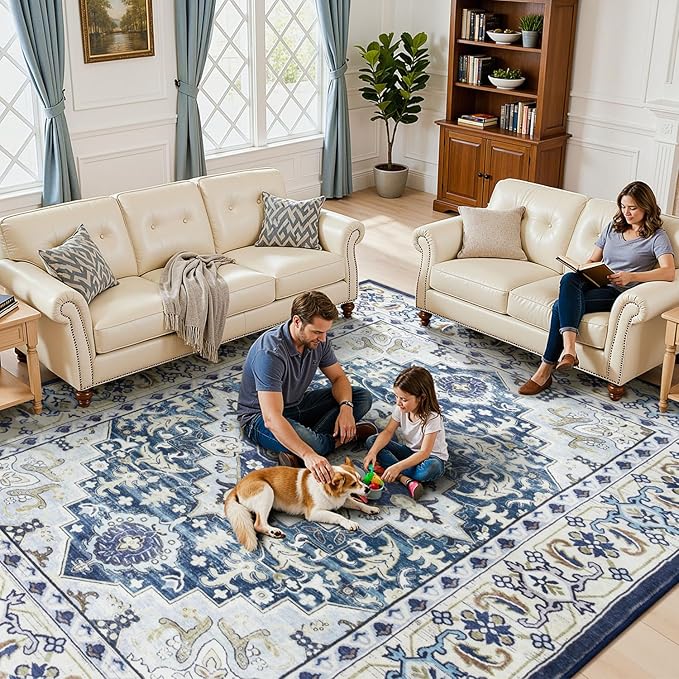 Lessymo 8 x 10 Area Rugs for Living Room, Machine Washable Area Rugs Boho Faux Wool Low Pile Area Rug for Bedroom, Floral Medallion Vintage Rugs with Non-Slip Rubber, Kid & Pet Friendly,Dark Blue