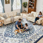 Lessymo 5x7 Area Rug for Living Room - Machine Washable Area Rugs, Super Soft Faux-Wool Area Rugs for Bedroom Kitchen, Boho Rug Vintage Floral Non-Slip Low Pile, Dark Blue