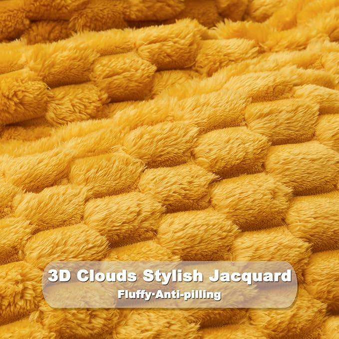 NEWCOSPLAY Super Soft Throw Blanket Mustard Yellow Premium Silky Flannel Fleece 3D Clouds Stylish Jacquard Lightweight Bed Blanket All Season Use 350GSM (Mustard Yellow, Throw(50"x60"))