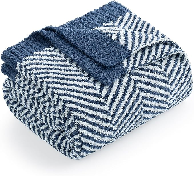 Snuggle Sac Herringbone Throw Blanket for Couch, Reversible Super Soft Warm Blankets Cozy Knit Fuzzy Plush Lightweight Throws for Sofa, Bed, Camping, Navy, 50x60 inches