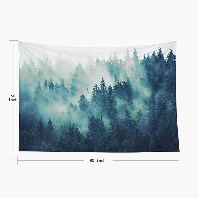 EMMTEEY Forest Tapestry Wall Hanging - Green Misty Pine Tree Nature Wall Art, 80x60 Inch Tapestries Large BoHo Decor for Living Room & Bedroom Spaces