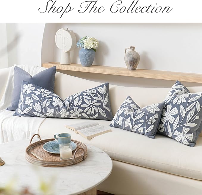 BlissBlush 12x20 Lumbar Pillow Cover, Grayish Blue Rectangular Decorative Throw Pillowcase for Couch Sofa, Floral Tufted Embroidered Velvet Farmhouse Accent Cushion (Cover Only)