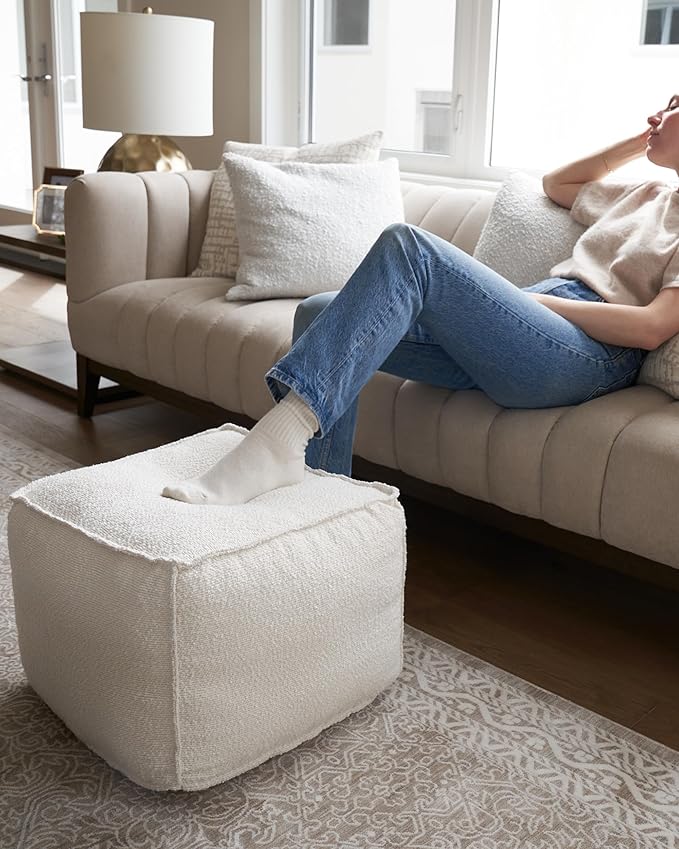 ZICOTO Beautiful Boucle Pouf Ottoman and Foot Rest - Elevate Your Living Room Decor with Lightweight Comfort and Charm - A Round Modern Foam Filled Foot Stool Perfect to Rest Your Feet