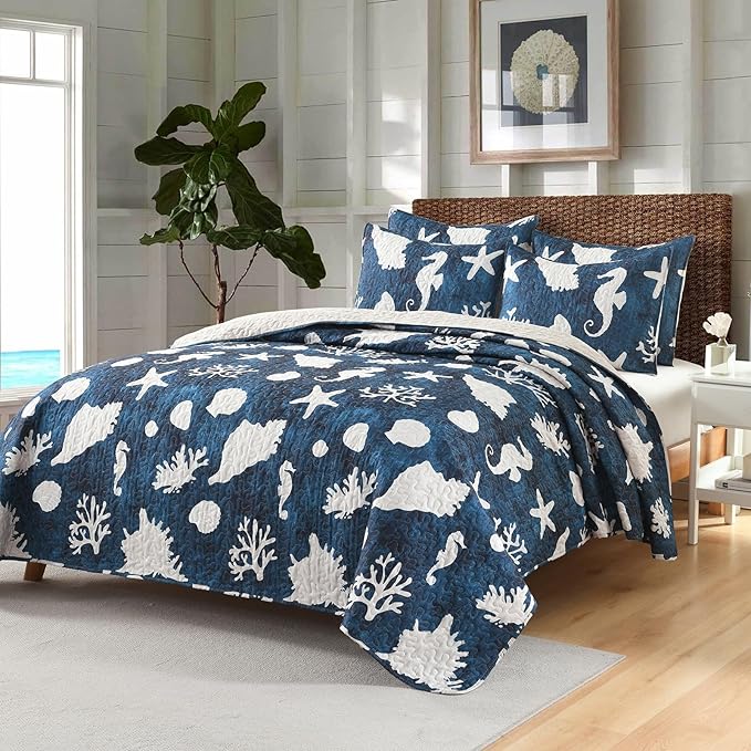 HORIMOTE HOME Coastal Quilt Bedding Set King Size, Reversible Navy Summer Beach Quilt Lightweight Ocean Nautical Comforter Tropical Bedspread Coverlet with 2 Pillow Shams for All Seasons (106"x96")