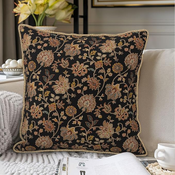 Vintage Tapestry Floral Soft Velvet Throw Pillow Covers Set of 2 Black Brown Bohemian Boho Carpet Flowers Decorative Pillow Covers 20x20 Inch Rustic Retro Rug Pillow Case For Sofa Couch Home Decor