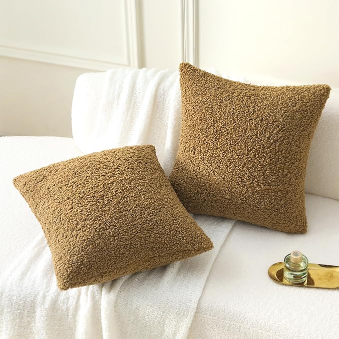 FUTEI Khaki Throw Pillow Covers 22x22 Inch Set of 2,Furry Faux Fur Teddy Boucle Textured Cushion Covers,Soft Fluffy Decorative Pillow Case,Home Decor for Couch Bed Living Room Office Car