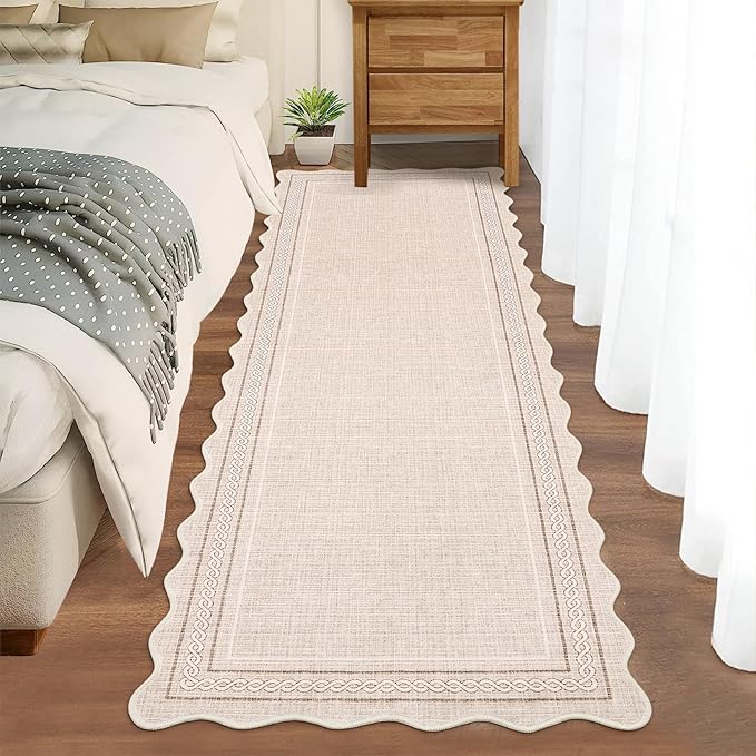 GarveeHome Scalloped Washable Runner 2x8 Rugs for Entryway Non Slip Kitchen Runner Beige Bordered Neutral Rugs Low Pile Hallway Rug Stain Resistant Carpet for Bathroom Laundry Room, Beige