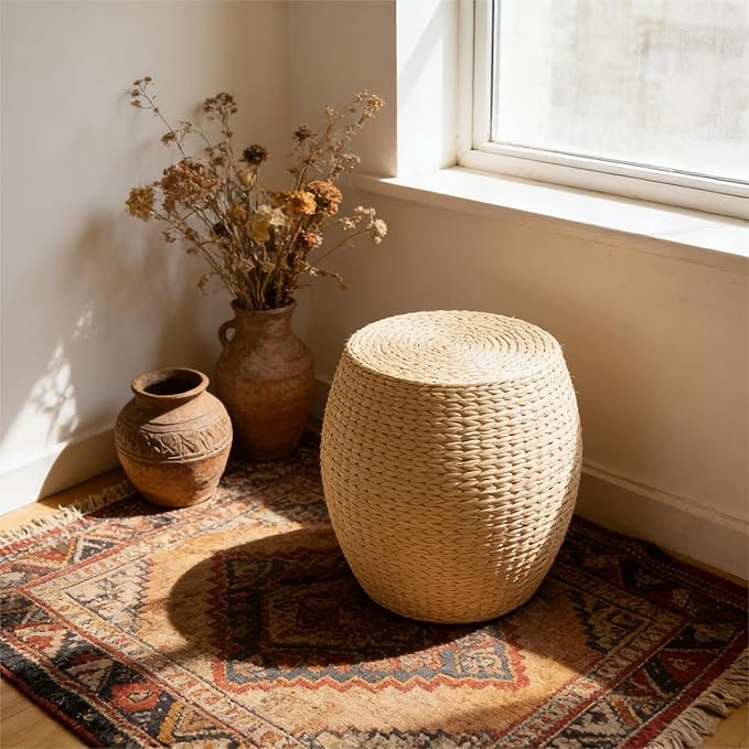 Round Bohemian Rattan Ottoman, Handwoven Seagrass Pouf Chair for Living Room Bedroom Patio Garden (12.2"x12.2"x16.5")
