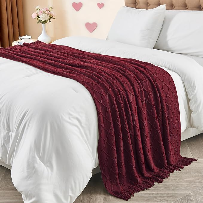inhand Claret Knitted Throw Blanket for Couch Bed, Mothers Day/Mom Birthday Gifts for Mom from Daughter Son, Soft Lightweight with Tassels, Farmhouse Warm Decorative Blanket for Women, 60"x80"