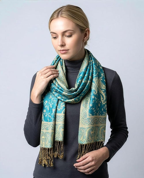 Achillea Reversible Paisley Pashmina Rave Scarf – Exotic Indian Shawls and Wraps for Evening Dresses, Festivals, All Seasons