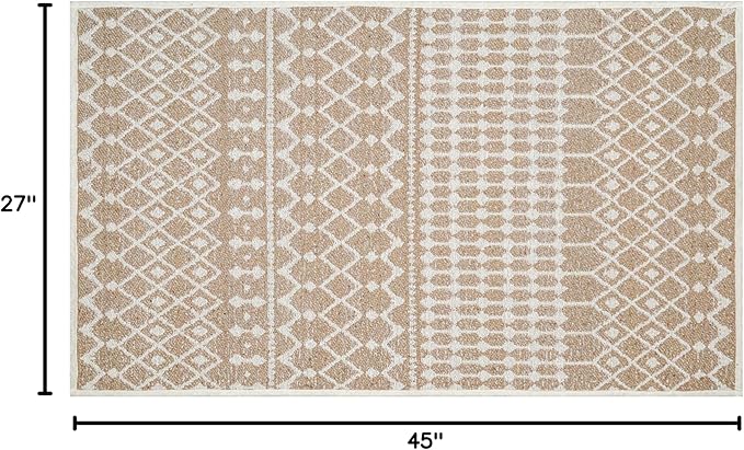 Cotton Morroccan Area Runner Rug 27x45 Inches - Beige, Non Slip Soft & Sturdy Patio Runners Ideal for Hallways, Entryway, Kitchen, Bedroom | Machine Washable Neutral Boho Door Mat for Bathroom